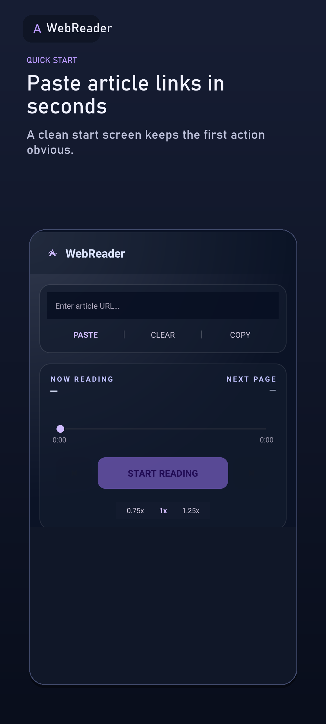 WebReader screen with an article URL field and a start reading button