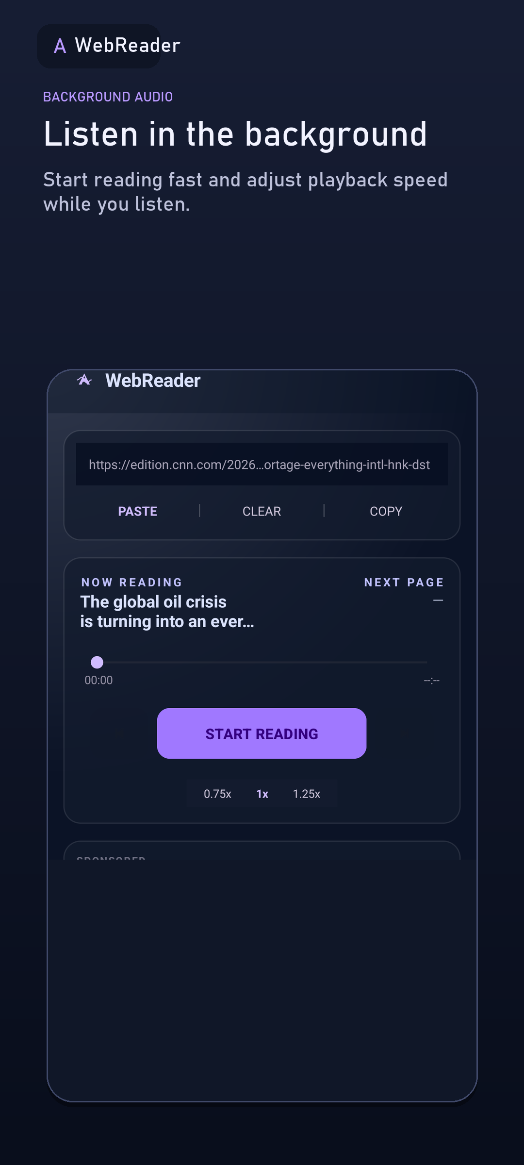 WebReader showing an article in playback with progress and audio controls